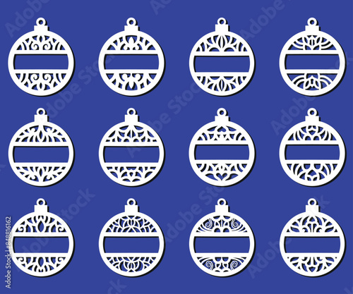 Set of laser cut Christmas balls with snowflake cutout of paper Sample Template for Christmas card, invitation for Christmas party For laser or plotter cutting printing serigraphy	