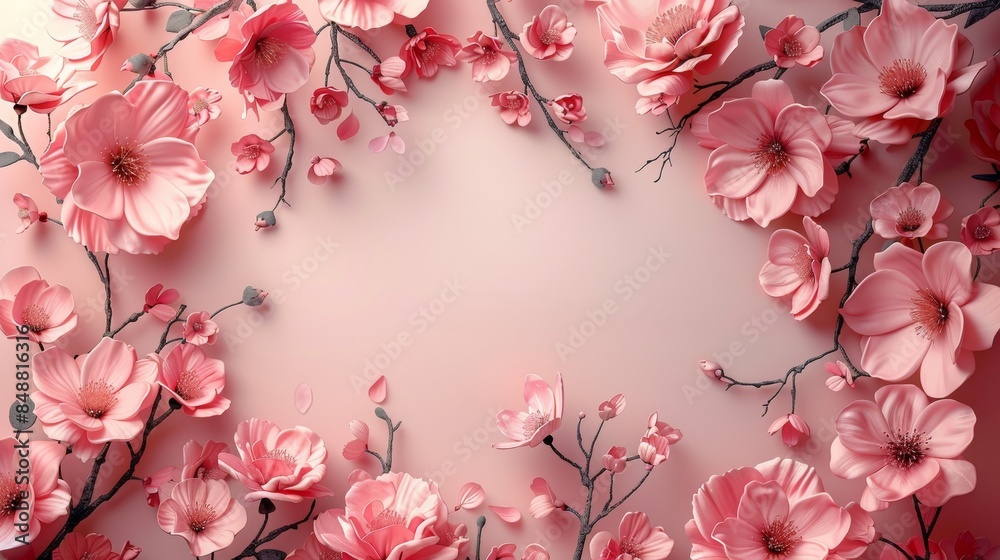 Fototapeta premium pink flowers frame,A decorative floral frame on a pink background perfect for elegant wedding invitations or sophisticated stationery