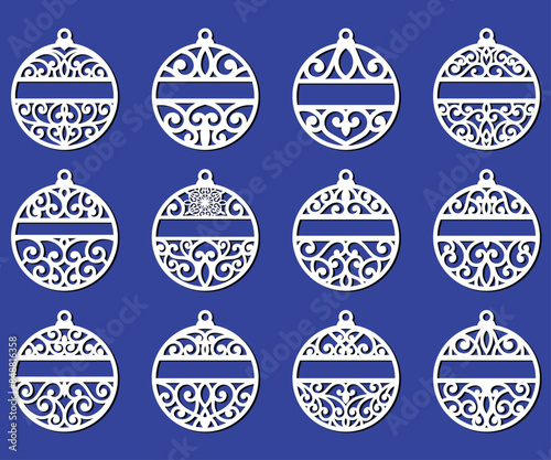 Big set of Christmas decorations - balls with a Santa Claus, deer, snowflake, candle, angel, snowman, gift, sock, Christmas tree, house. Template for laser cut. New Year theme. Vector illustration.