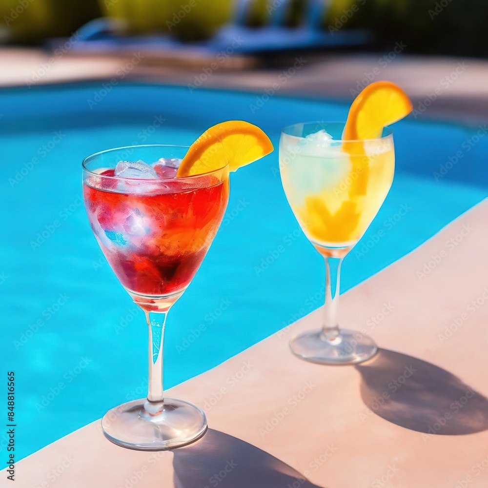 glasses with bright summer cocktails on the side of the pool.
