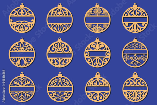 Big set of Christmas decorations - balls with a Santa Claus, deer, snowflake, candle, angel, snowman, gift, sock, Christmas tree, house. Template for laser cut. New Year theme. Vector illustration.
