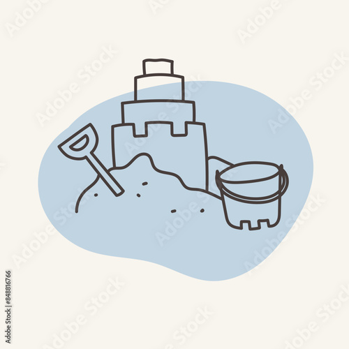 Illustration of a sand castle, a shovel and a bucket. Perfect for summer and travel designs.