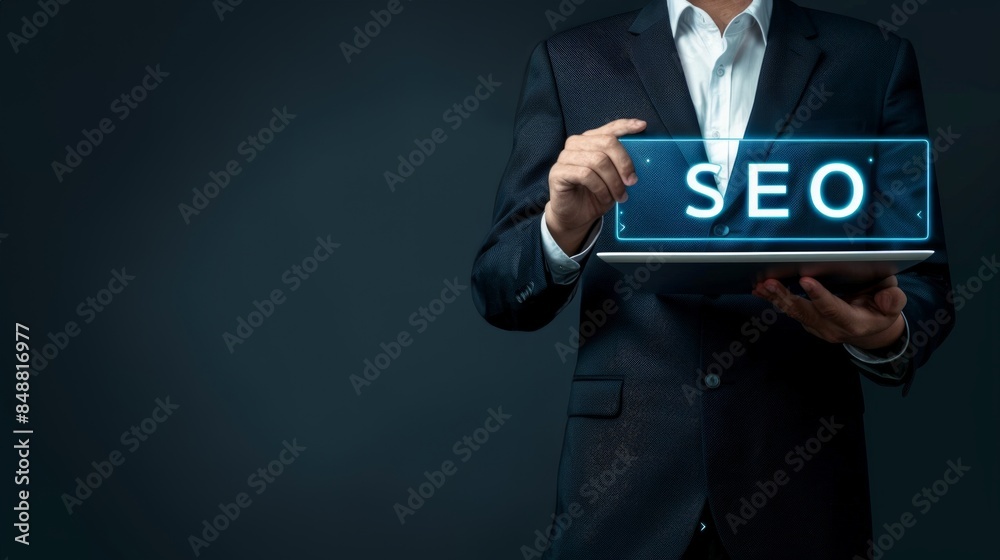 A businessman holding tablet with holographic glowing text SEO