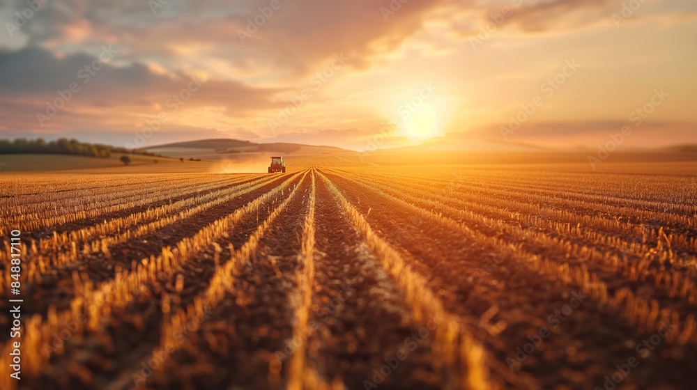 A tractor operating in a vast golden wheat field at sunrise A tractor operating in a vast golden wheat field at sunrise