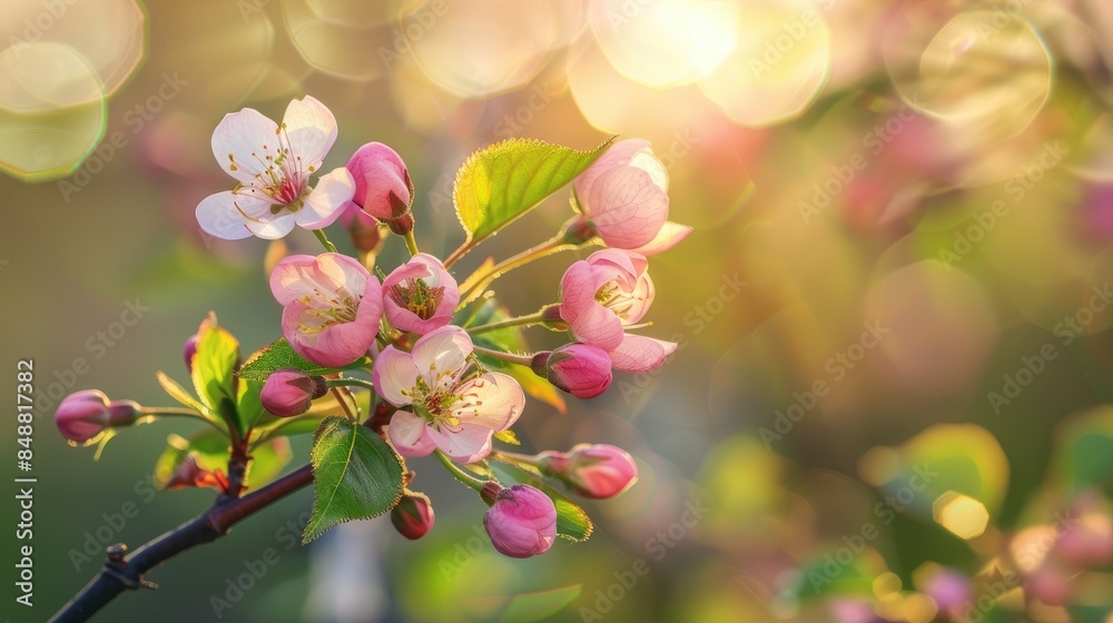 Cherry blossoms with buds and leaves in spring pink flowers on branch with blurred nature backdrop Cherry blossoms with buds and leaves in spring pink flowers on branch with blurred nature backdrop