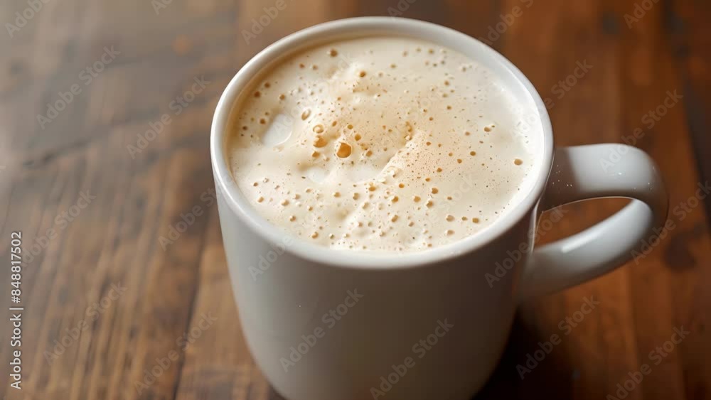 The frothy texture of steamed milk incorporating with bold espresso. The frothy texture of steamed milk incorporating with bold espresso.