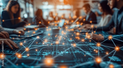 A busy team working in an office, interconnected by a network of glowing digital nodes and lines overlaying a dark, futuristic interface.