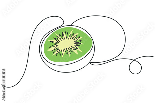 Half a kiwi with a green spot in continuous line. Minimalistic one line drawing of a tropical fruit