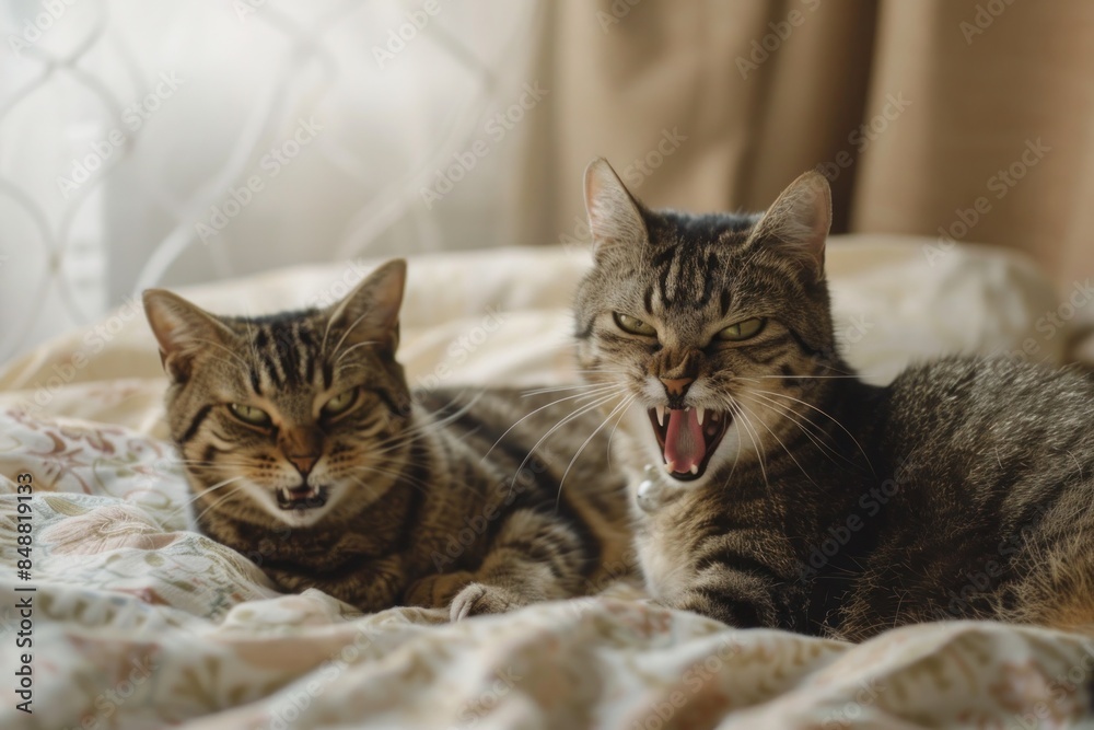 Two cats lounging one yawning and one looking unimpressed Two cats lounging one yawning and one looking unimpressed