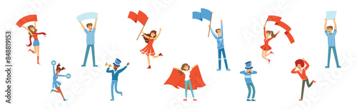 Sport Fan Man and Woman Character with Flag and Banner Vector Set