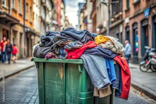 thrown away used clothe in garbage bin in city. Fashion waste problem