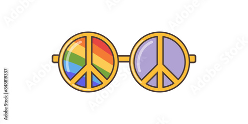 Glasses with the Pacifist sign and LGBT flag colored lens.  70s retro clipart vector design.