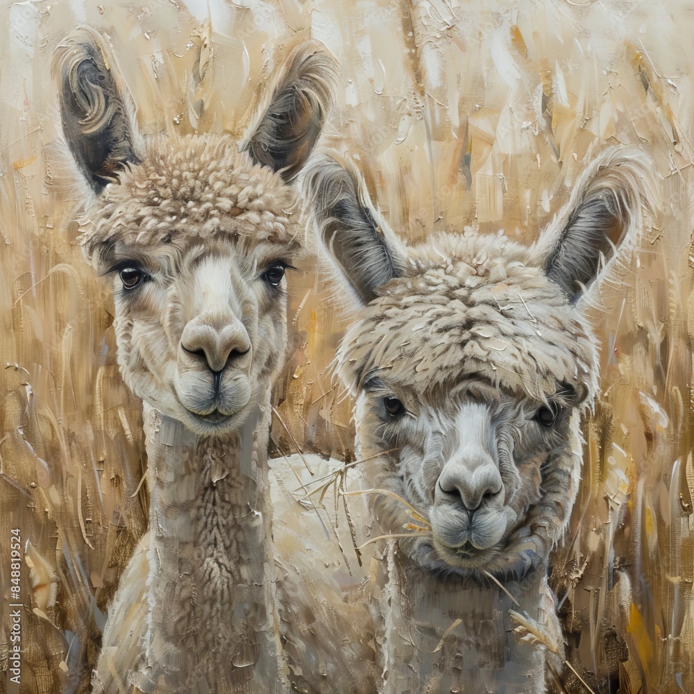 Obraz premium Two alpacas in the grain, Dwie alpaki w zbożu, alpaki 