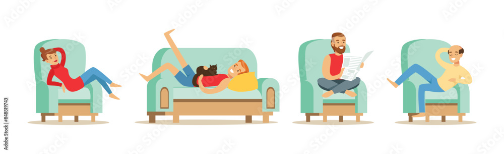 People Resting and Relax on Sofa at Cozy Home Atmosphere Vector Set People Resting and Relax on Sofa at Cozy Home Atmosphere Vector Set