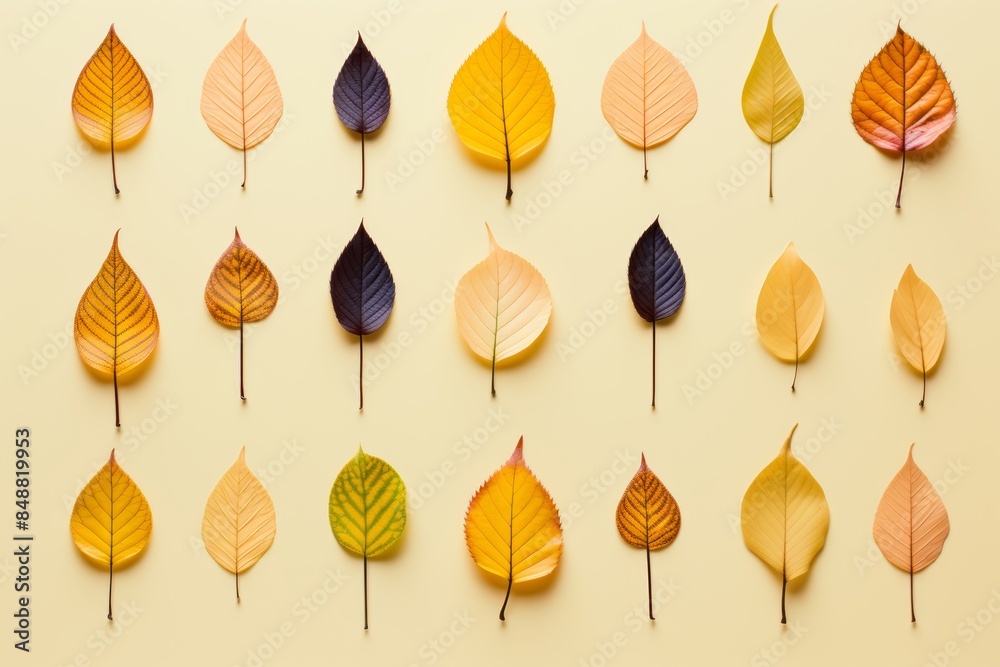 Obraz premium The autumn leaves arranged in a pattern on a pastel yellow background