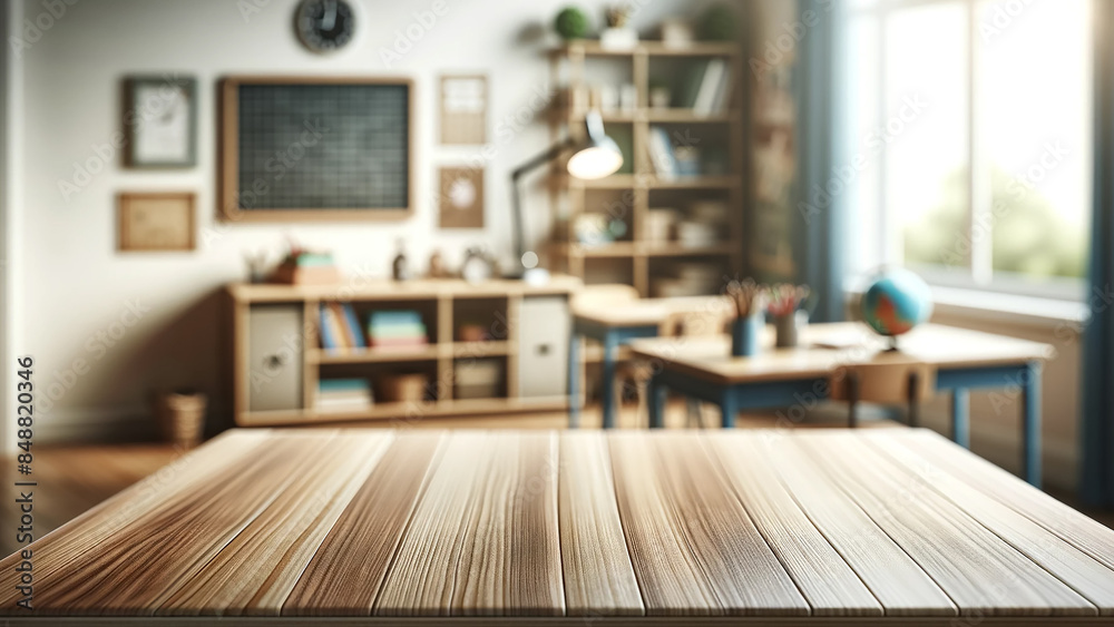 an empty wooden table top with a blurred kindergarten playroom background. an empty wooden table top with a blurred kindergarten playroom background.