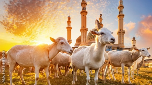 Happy Eid al-Adha, there is a sheep and cow in the mosque background