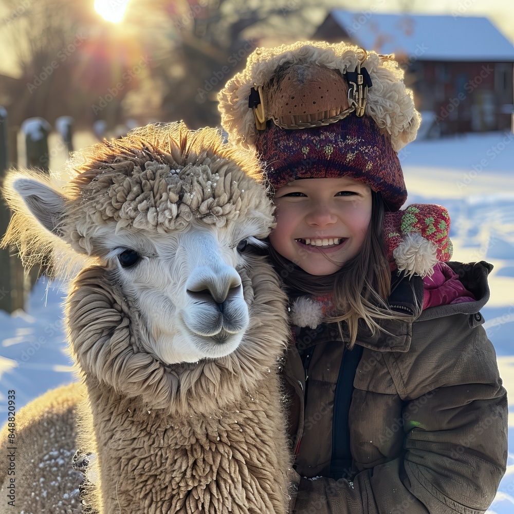 Obraz premium Winter fun with alpacas on the farm, Zabawa zimą z alpakami na farmie, alpaki