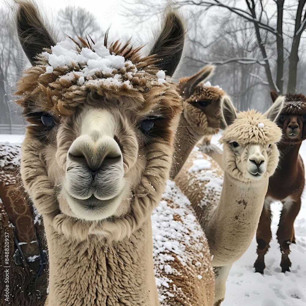 Obraz premium Winter fun with alpacas on the farm, Zabawa zimą z alpakami na farmie, alpaki