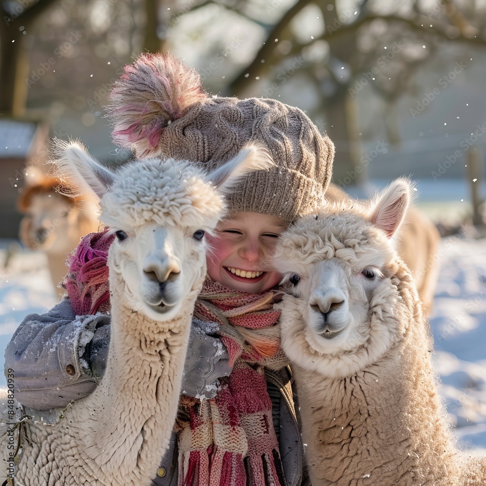 Obraz premium Winter fun with alpacas on the farm, Zabawa zimą z alpakami na farmie, alpaki