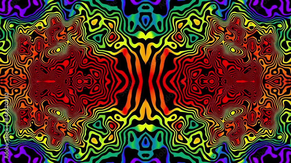 Abstract Multicolored Turbulent Fractal Background with Symmetrical Concentric Patterns and Vivid Swirling Shapes - Rainbow Groovy Twirling and Fluid Motion Effects