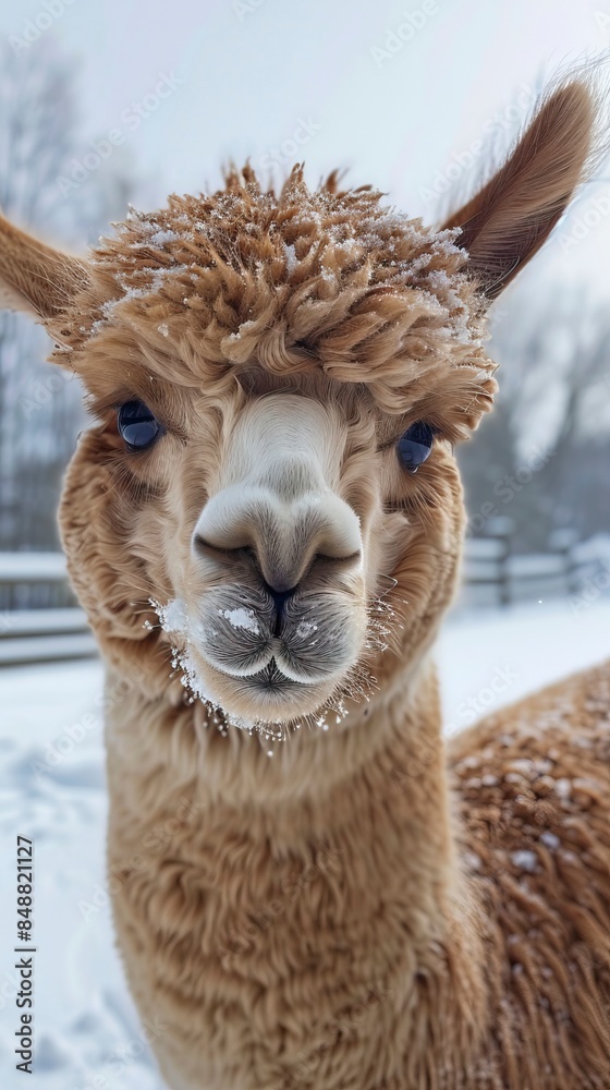 Obraz premium Winter fun with alpacas on the farm, Zabawa zimą z alpakami na farmie, alpaki