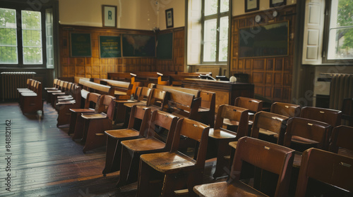 Poor school. Old wooden row lecture chairs in a classroom in a poor school. A classroom without a student. Education concept. © Evgeniia