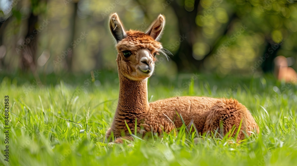 Obraz premium young brown alpaca on green grass, młoda brązowa alpaka na zielnoej trawie, alpaki