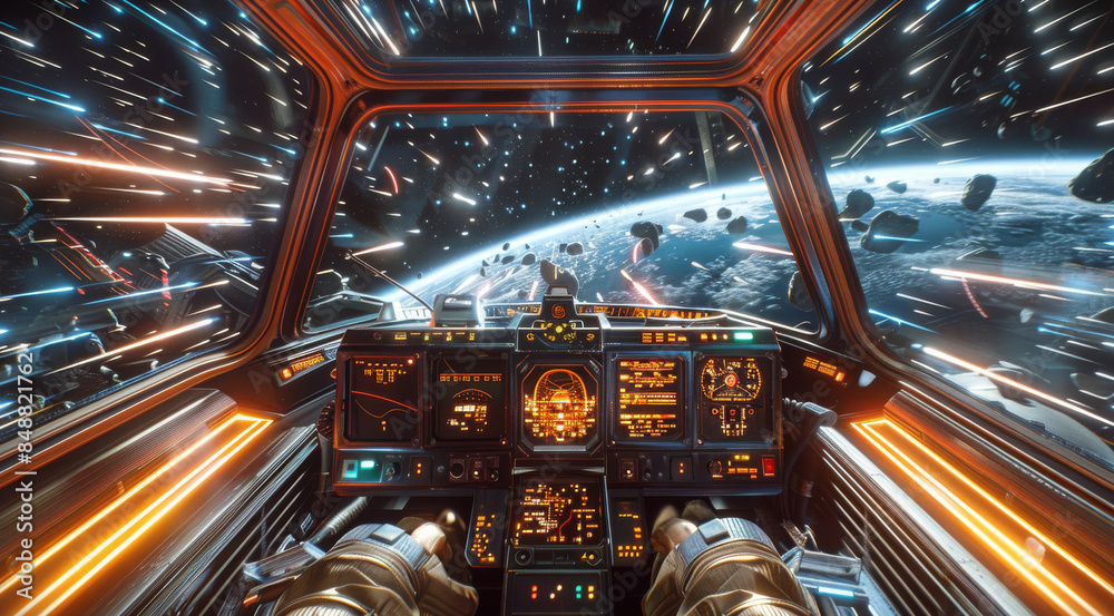 Looking out from the cockpit of a spaceship while traveling at very fast speeds approaching and exceeding the speed of light, with the instrument panels and the spaceship controls. Generative AI. Looking out from the cockpit of a spaceship while traveling at very fast speeds approaching and exceeding the speed of light, with the instrument panels and the spaceship controls. Generative AI.