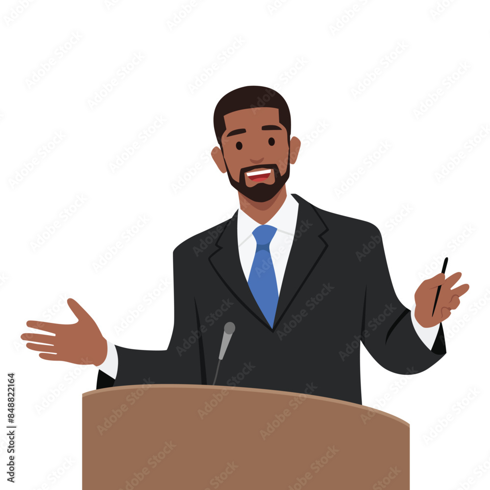 Young businessman or politician speaking at the podium. Flat vector illustration isolated on white background Young businessman or politician speaking at the podium. Flat vector illustration isolated on white background