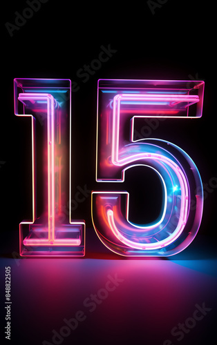 Vibrant neon number 15 with glowing lights on a dark background, perfect for birthday, anniversary or celebration designs.