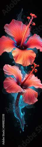 Vibrant digital artwork of two enchanting hibiscus flowers with luminous colors against a dark background, creating a mesmerizing visual effect.