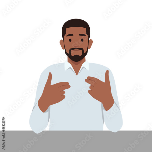 Young man speaks with his partner sitting at a table in the office at home. Flat vector illustration isolated on white background