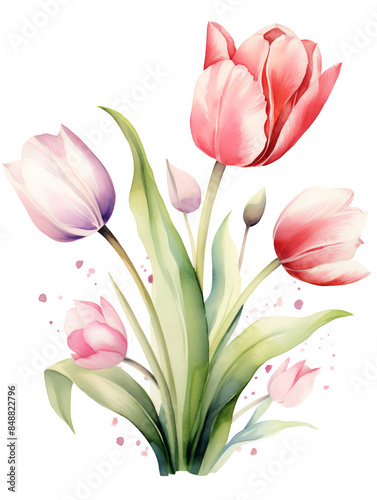 Watercolor painting of pink and purple tulips with green leaves, showcasing delicate blooms in a charming floral arrangement.