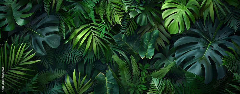 Abstract nature concept, green tropical leaves and ferns texture background. Flat lay, top view of lush foliage pattern for banner or wallpaper. In the style of nature.


