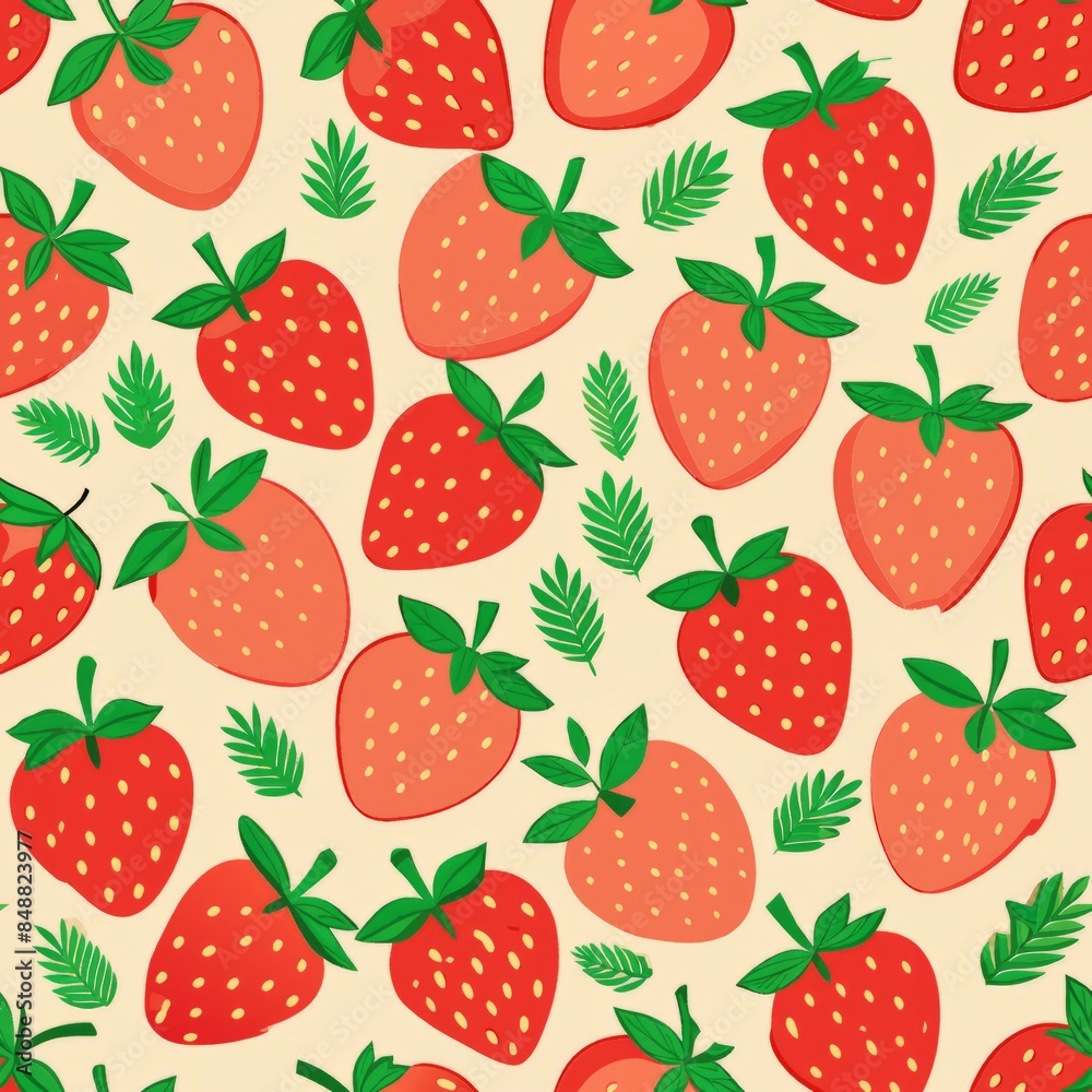 Seamless pattern of flat design strawberries with minimal leaves, Generative AI Seamless pattern of flat design strawberries with minimal leaves, Generative AI