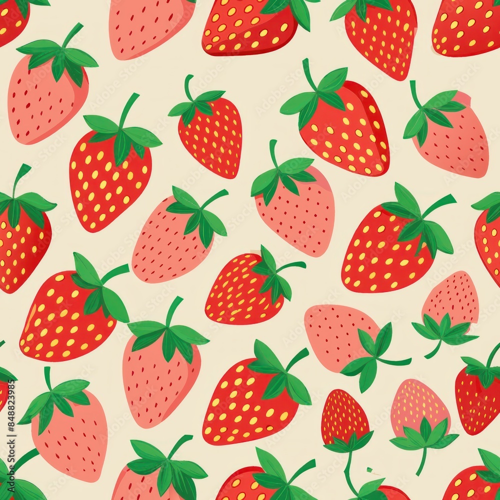 Seamless pattern of flat design strawberries with minimal leaves, Generative AI Seamless pattern of flat design strawberries with minimal leaves, Generative AI