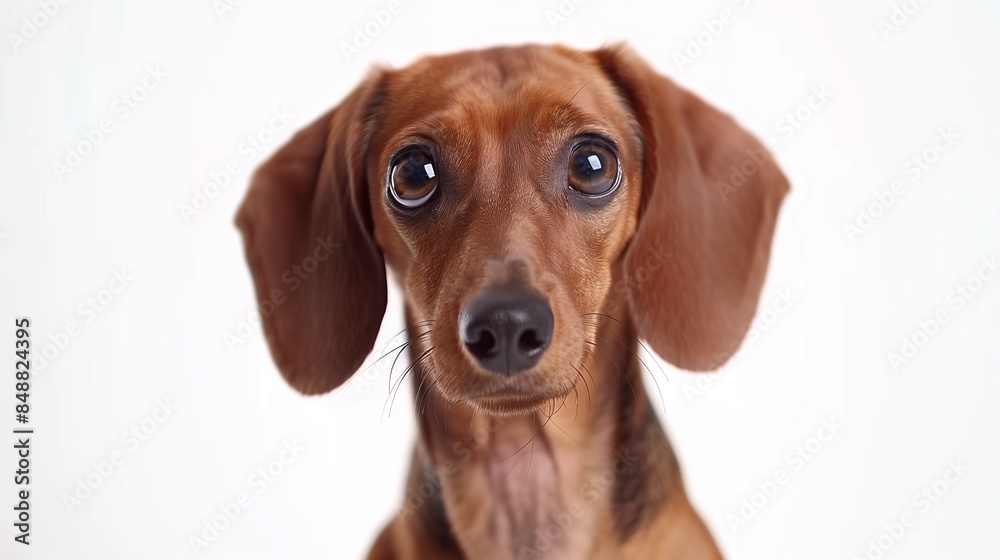 A Dog Looks Directly at the Camera with a Surprised and Confused Expression in a Video. Humor Concept Video. Dachshund with Big Eyes and a Perplexed Look in a Video on white background A Dog Looks Directly at the Camera with a Surprised and Confused Expression in a Video. Humor Concept Video. Dachshund with Big Eyes and a Perplexed Look in a Video on white background