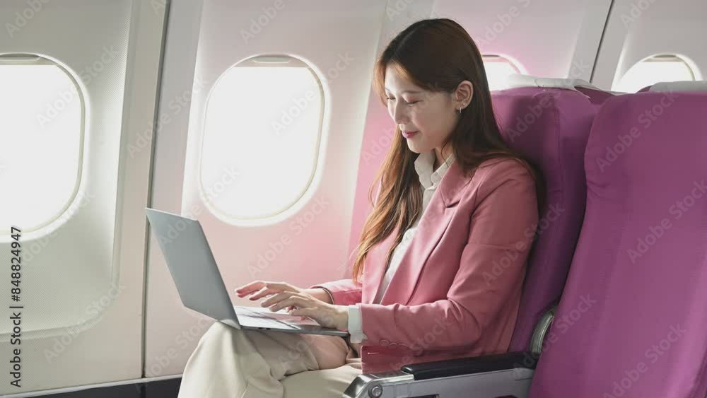 Portrait of a successful Asian businesswoman or entrepreneur in a formal suit on an airplane sitting in business class using a phone, computer laptop. Portrait of a successful Asian businesswoman or entrepreneur in a formal suit on an airplane sitting in business class using a phone, computer laptop.