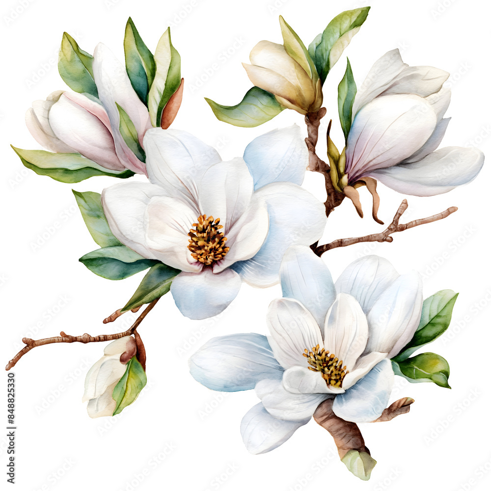 Branches of blooming white magnolia, watercolor painting clipart Branches of blooming white magnolia, watercolor painting clipart