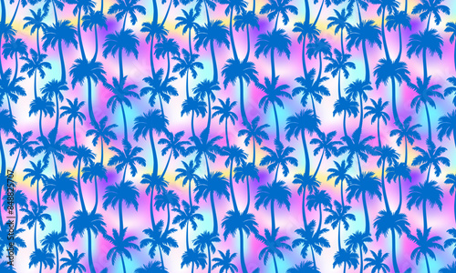 Palm trees pattern horizontal background. Vector blue tropical jungle texture on neon background. Abstract holographic gradient palm silhouettes summer print for wallpapers, decor, design.