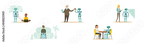 Man and Woman Character Use Smart Interactive Technology Vector Set