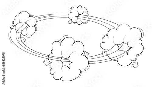 Comic speed motion effect, clouds way, trail set fast wind swirl, puff poof elements isolated on white background. Blow explosion