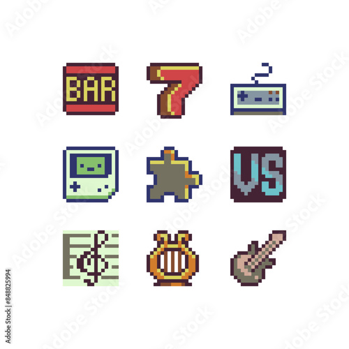 Sport pixel art style icons set, emoji. 8-bit sprite. Design for logo game, sticker, web, mobile app, badges and patches. Isolated vector illustration. Game assets.