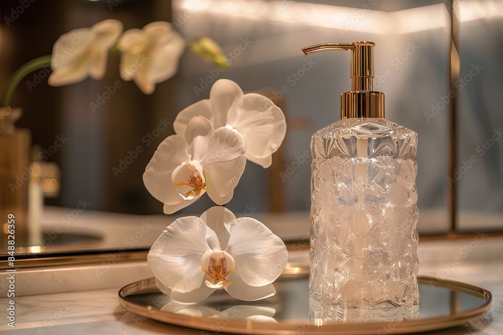 Premium bottle product showing on podium display. Bathroom product concept Premium bottle product showing on podium display. Bathroom product concept