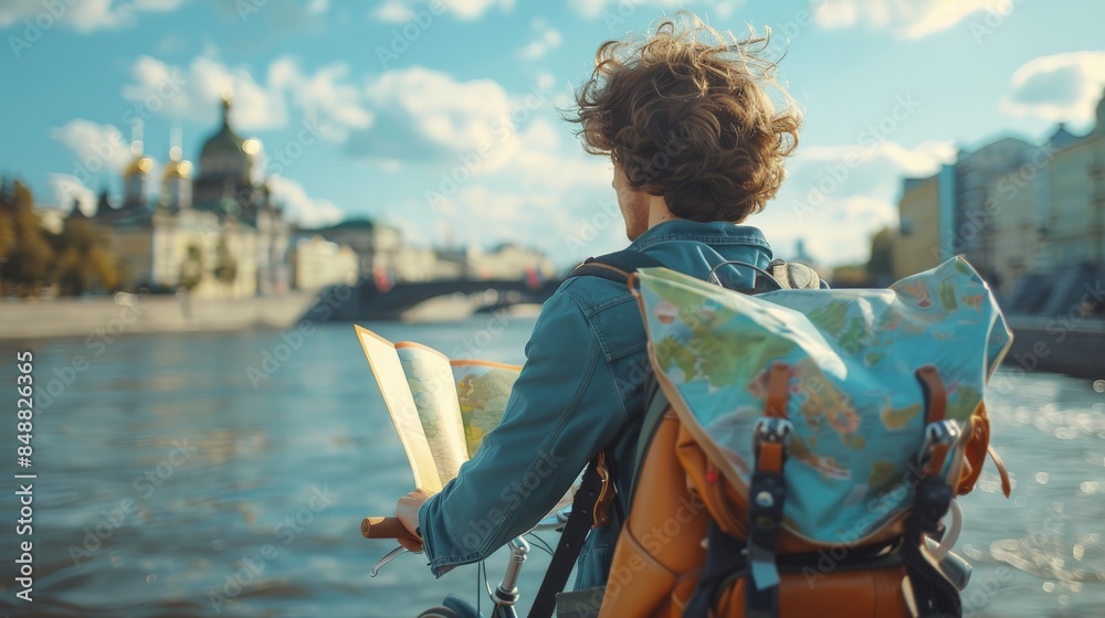 Fototapeta premium Young Eco-Tourist on Bicycle Exploring Famous Tourist City with a Map, Embracing Sustainable Travel and Adventure