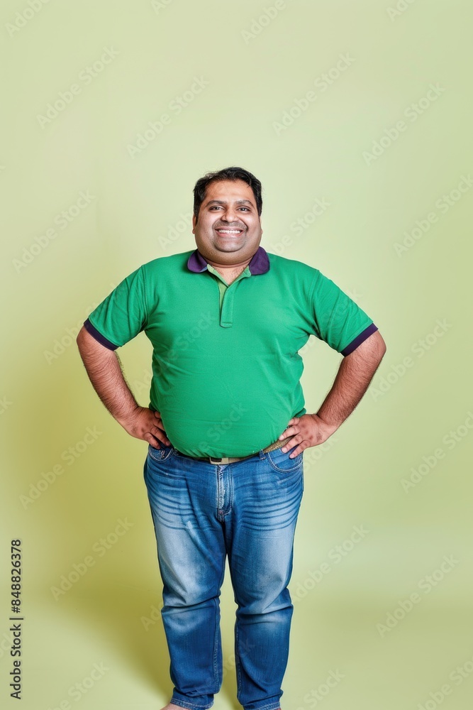 An overweight Indian man smiling at the camera with his hands on his hips standing against a light yellow green background An overweight Indian man smiling at the camera with his hands on his hips standing against a light yellow green background
