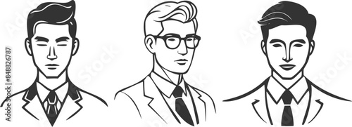 Businessman icon set with men in suit from head to shoulders with and without glasses. Business. Vector illustration