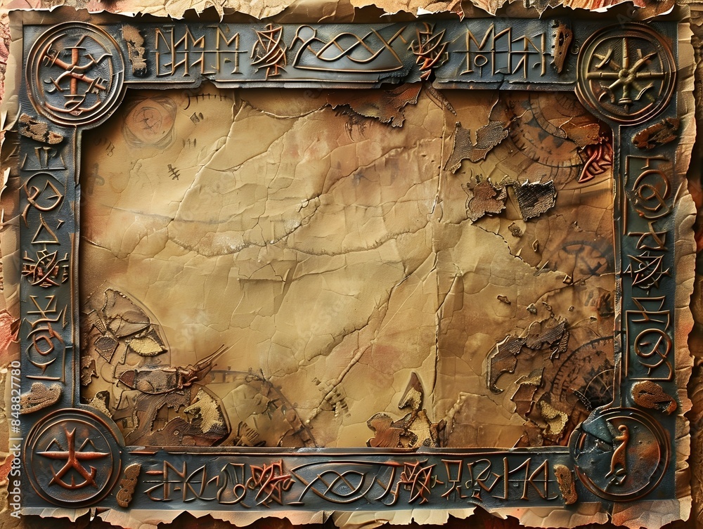 Pictographic Runes Mystical Ancient Runes and Symbols on Parchment Framed Background with ...