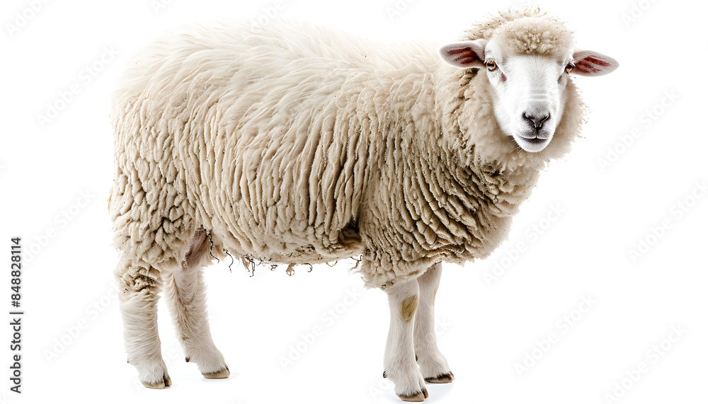 Fototapeta premium Fluffy sheep isolated on white. Farm animal